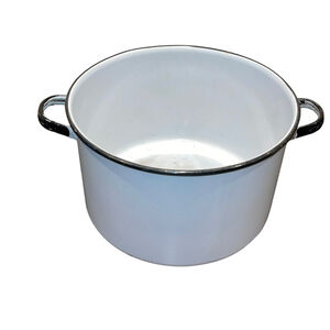 Vintage Rustic Enamelware White Black Chamber Pot w Handles For Decoration Only